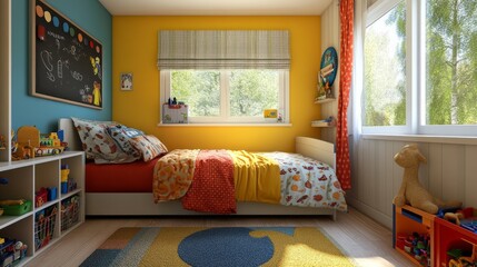 A kids' bedroom with bright-colored walls, themed bedding, and toy storage racks