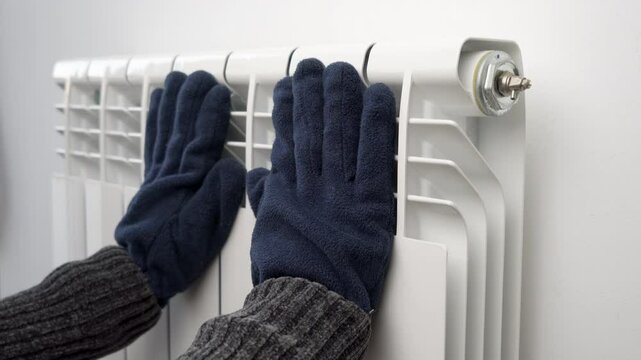 Woman getting warm up his hand with glove over an electric radiator of heating at home