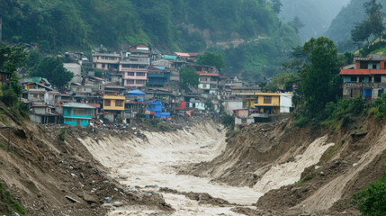 Landslides can bury entire villages in minutes, causing devastation and loss. This image captures aftermath of such disaster, showcasing destruction of homes and power of nature