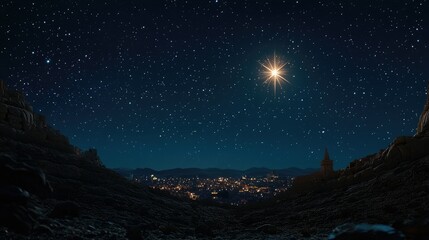 Star of Bethlehem shining brilliantly in a starry sky, with a distant city on the horizon.
