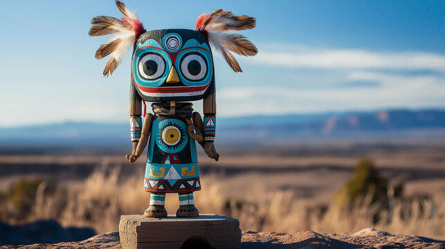 Colorful native american kachina doll standing in the desert landscape