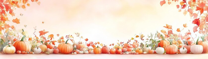 A panoramic view of a pumpkin patch with crops in various stages of harvest, under a vibrant orange sky