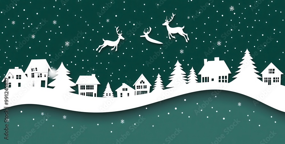 Wall mural A minimalist Christmas background with houses, trees, and reindeer flying in the sky, in a paper-cut style