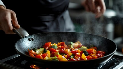 Cooking Vegetables in Skillet on Stove with Smoke and Aroma