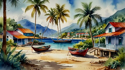Fototapeta premium Tropical Seaside Village, Vibrant Watercolor Landscape.