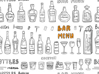Seamless pattern of alcoholic bottles and glasses in doodle style. Alcohol cocktail drinks, champagne, beer, martini, wine, rum, tequila, cognac, whiskey and other. Great for bar menu, banner