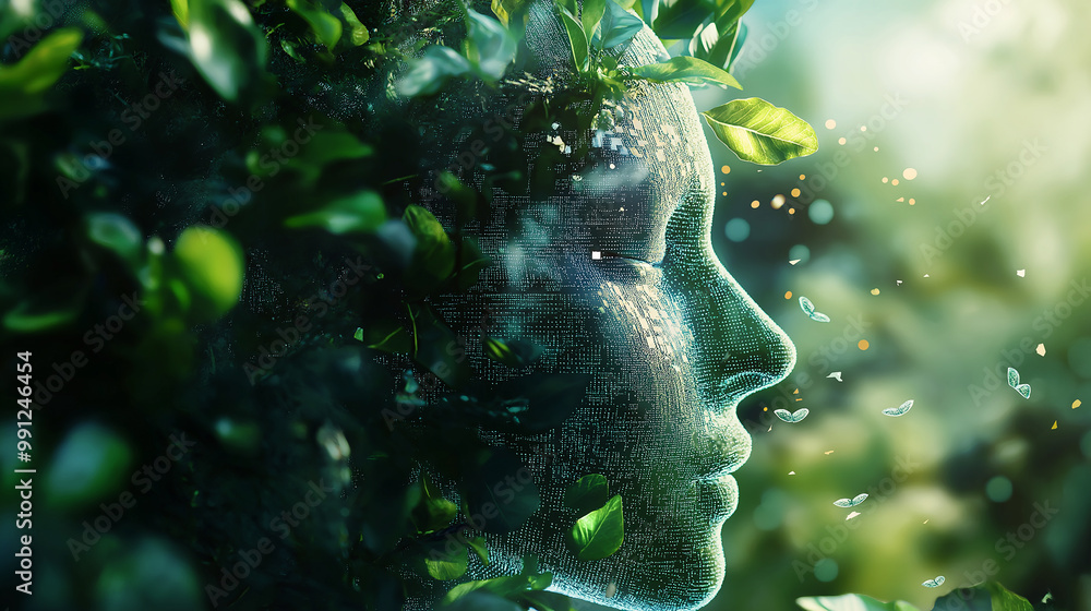Aufkleber artificial intelligence merging with nature in sustainable future concept