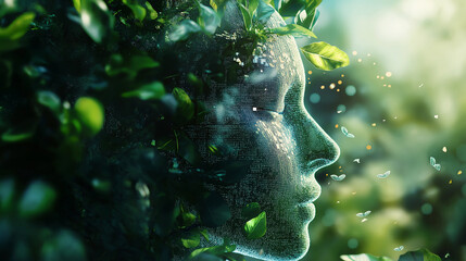 Artificial intelligence merging with nature in sustainable future concept