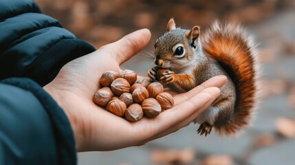 Naklejka premium A friendly squirrel munches on hazelnuts offered by someone wearing blue Converse shoes in a vibrant city park filled with colorful autumn leaves around noon
