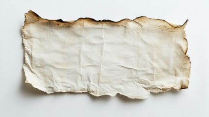 Obraz premium Torn, burnt piece of paper with singed edges, centered on a clean white background.