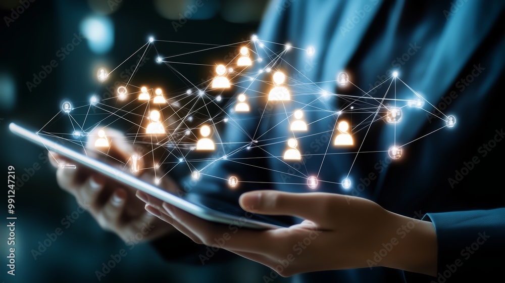 Poster person holding a tablet displaying a network of connected people in a digital workspace during eveni