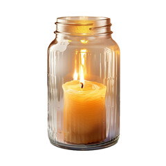 Single burning candle is illuminating a glass jar with a textured surface