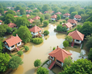 Flood view from above , flooded houses