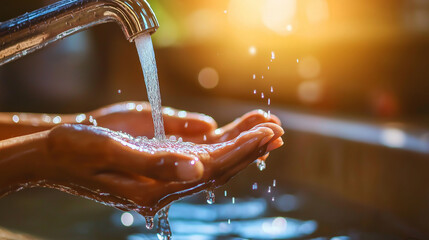 Person cupping hands under running water from faucet