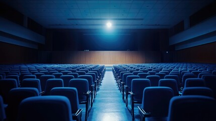 Naklejka premium Wide-angle view of a deserted conference hall with blue chairs, spotlight shining on the stage.