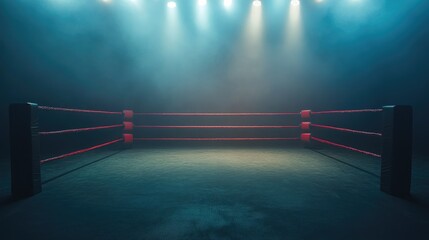 Wrestling ring bathed in light, empty but filled with anticipation for a big match, ropes taut and stage set for action.