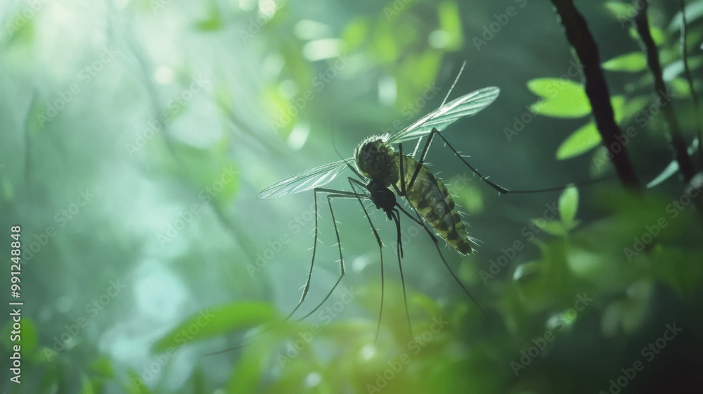 Poster close up view of mosquito perched on leaf, surrounded by lush greenery and soft light filtering thro