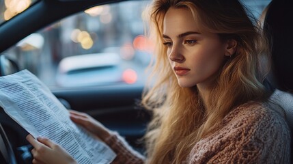 woman focused on reading a paper in the car while being attentive to passenger information and ensuring driver safety during the journey