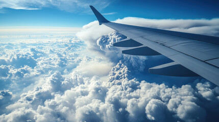 Obraz premium Aerial view of plane wing above fluffy clouds, showcasing vast sky and dramatic cloud formations. scene evokes sense of adventure and freedom while traveling