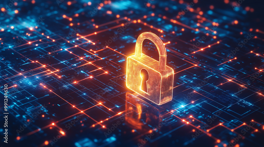 Poster glowing padlock protecting circuit board data encryption concept