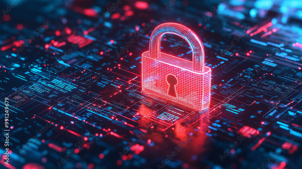 Poster Glowing padlock protecting computer circuit board from cyber attacks