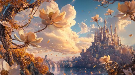 In an ethereal paradise during the 'hoa hoa hoa season,' glowing flowers bloom under a dusky sky