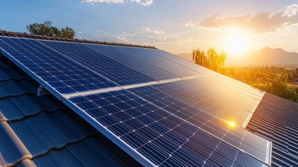 Solar Panels on Roof at Sunset