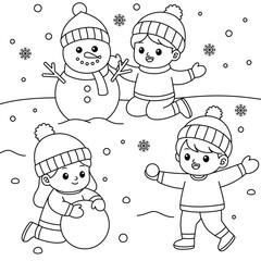 The children are making a snowman cartoon coloring page. Christmas and Winter Illustration
