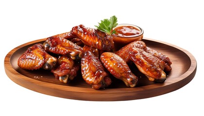 Delicious barbecue chicken wings served on a wooden plate with dipping sauce.