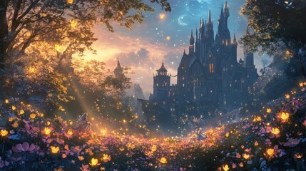 In an ethereal paradise during the 'hoa hoa hoa season,' glowing flowers bloom under a dusky sky