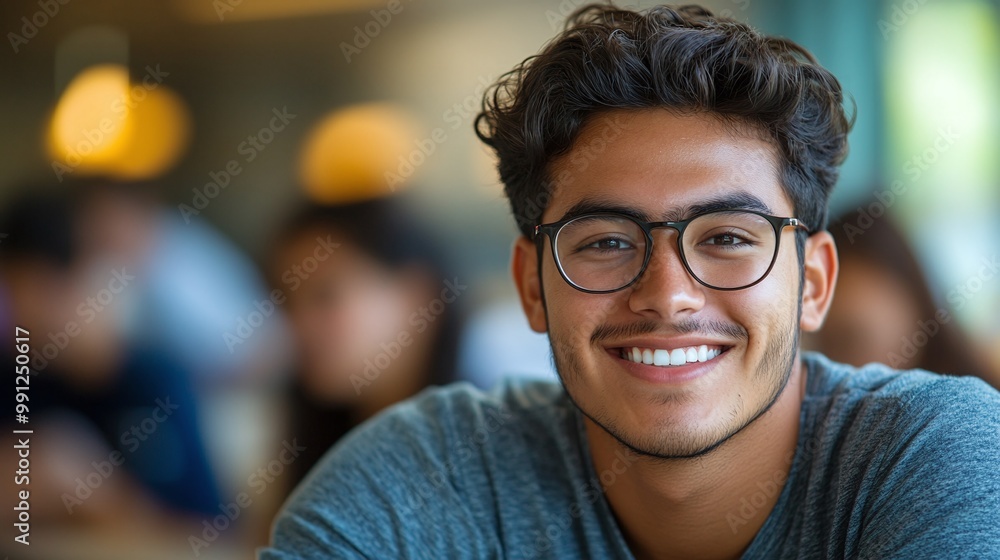 Poster smiling latino student in a bright classroom setting reflecting the diversity and opportunities avai