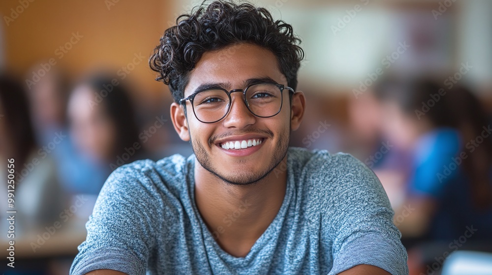 Poster smiling latino student in a bright classroom setting reflecting the diversity and opportunities avai