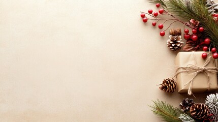 A natural Christmas gift wrapped in brown paper, decorated with pine branches, red berries, and pinecones on a beige background.