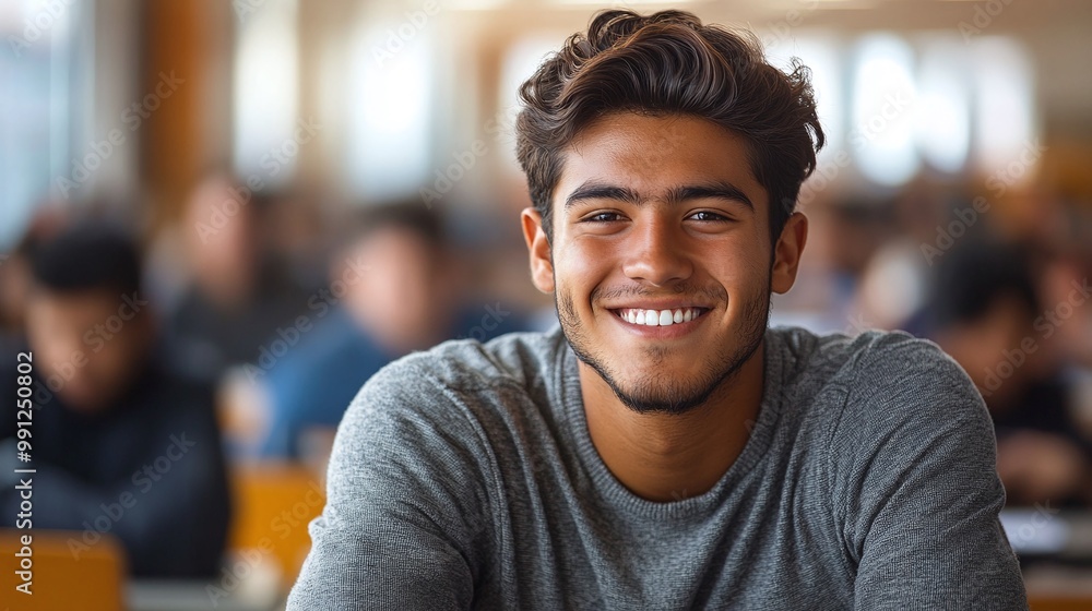 Poster smiling latino student in a bright classroom setting reflecting the diversity and opportunities avai