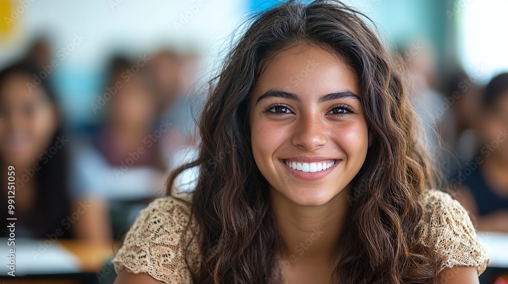 Poster smiling latino student in a bright classroom setting reflecting the diversity and opportunities avai