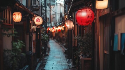A quiet alleyway in a historic Japanese district, with wooden shopfronts and red lanterns hanging above.
