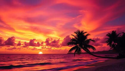 A tropical beach scene with the sky ablaze in rich oranges, pinks, and purples as the sun sets over the horizon.