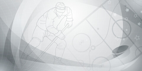 Hockey themed background in gray. Black and white illustration of a hockey player on the ice, holding a stick and preparing to shoot the puck.