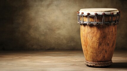 Fototapeta premium Wooden Drum on Rustic Wood Background