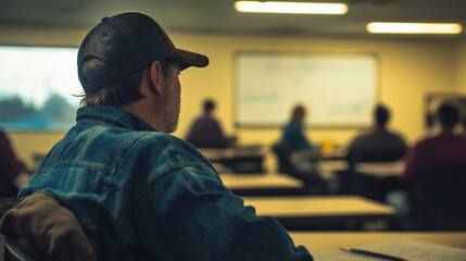Construction worker attending adult education class listening to lecture