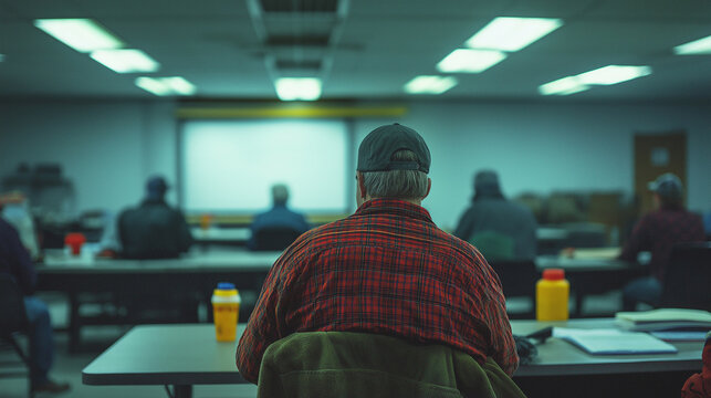 Construction worker sitting in class listening to presentation