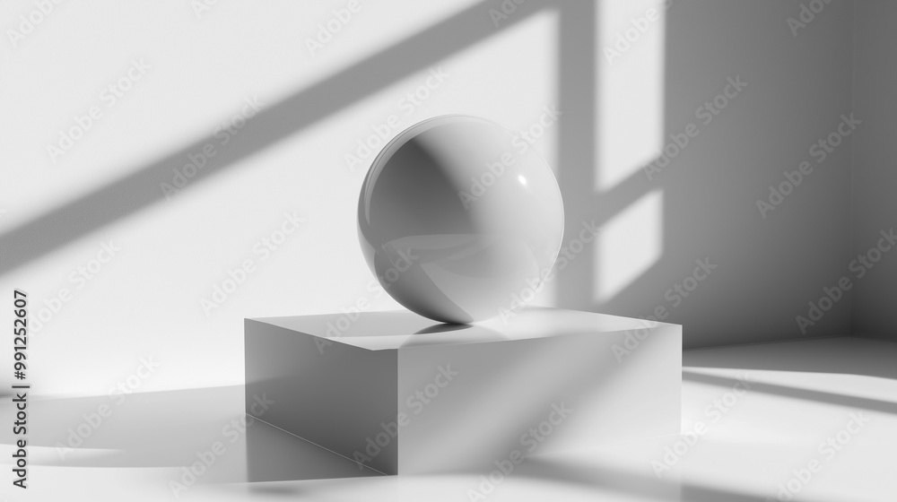 Poster White sphere balancing on a cube with window shadows on a white background
