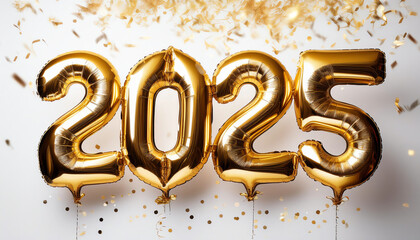 Gold balloons spelling 2025, isolated on white background, festive celebration.