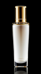 Naklejka premium A sleek, elegant perfume bottle with a glossy gold cap and minimalistic design, set against a black background.