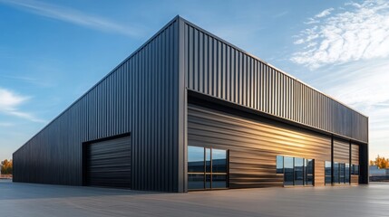 Fototapeta premium Modern Black Metal Building Facade with Windows and Doors