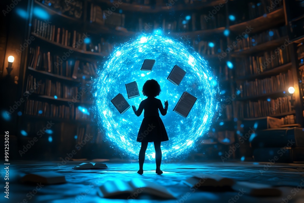 Aufkleber a character in a floating library, where books and documents hover around them, helping them manage 