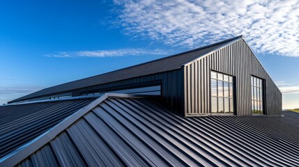 Fototapeta premium Modern Metal Roof with Blue Sky and Clouds