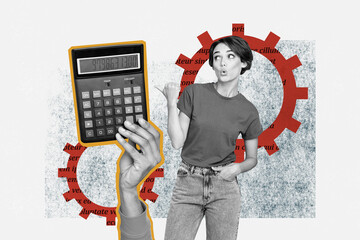 Composite creative art collage of astonished girl accountant point calculator tool money bank...