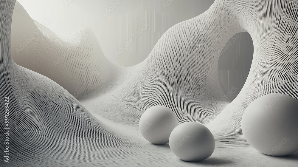 Aufkleber abstract white minimalistic parametric waves wall with spheres