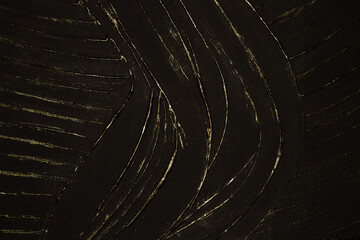 Structural volumetric black and gold background with curves, lines and paint strokes